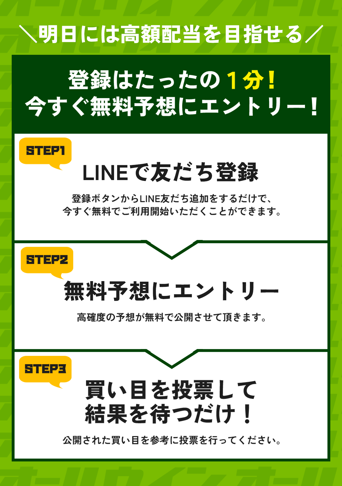 明日には高額配当GET可能
登録はたったの1分！今すぐ無料予想にエントリー！

1.LINEで友だち登録
登録ボタンからLINE友だち追加をするだけで、今すぐ無料でご利用開始いただくことができます。

2.無料予想にエントリー
高確度の予想が無料で公開させて頂きます。

3.買い目を投票して結果を待つだけ！
公開された買い目を参考に投票を行ってください